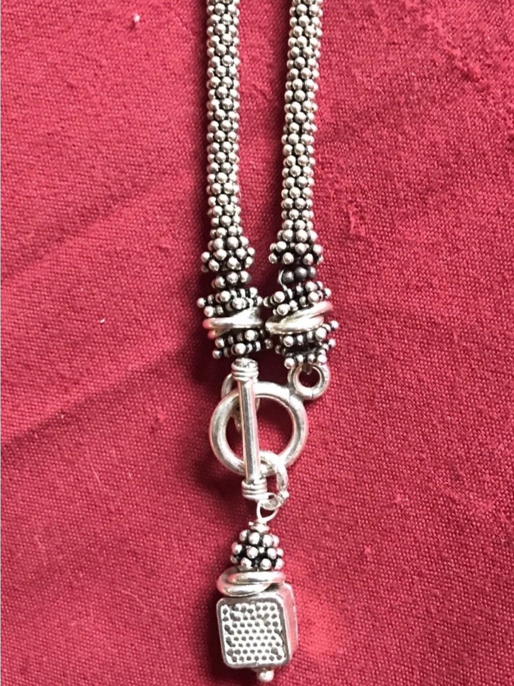 Vintage Sterling Silver Beaded Toggle Necklace - Silver